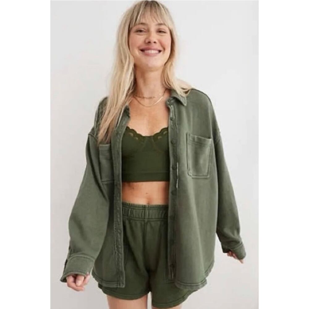 Aerie Lumberjane Oversized Fleece Shacket Large Sage Green Cozy Cabin Core